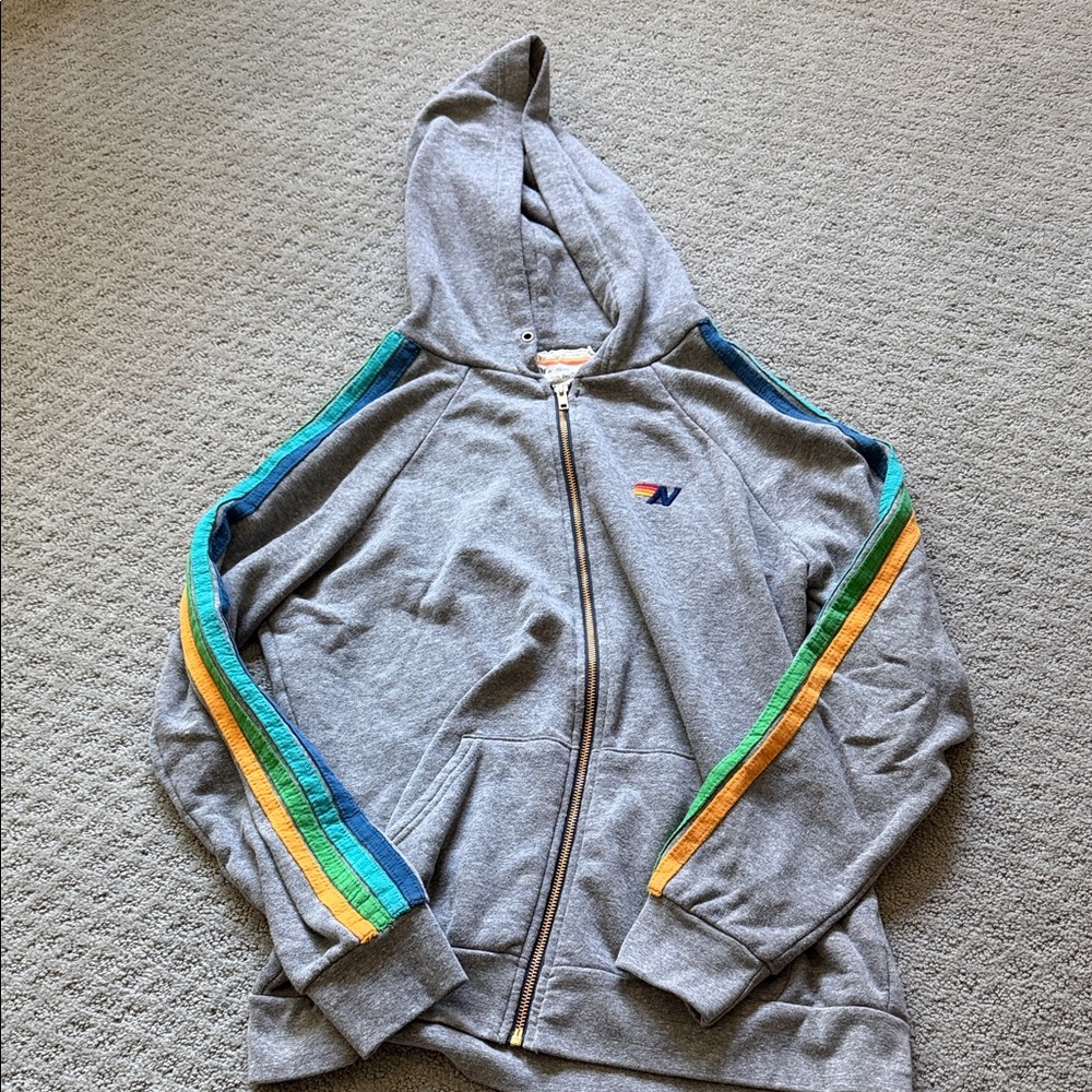 Aviator Nation Gray Hoodie with Blue and Yellow Stripes